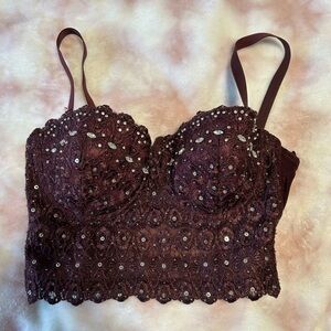 Elegant Burgundy Lace Rhinestoned Bustier Top